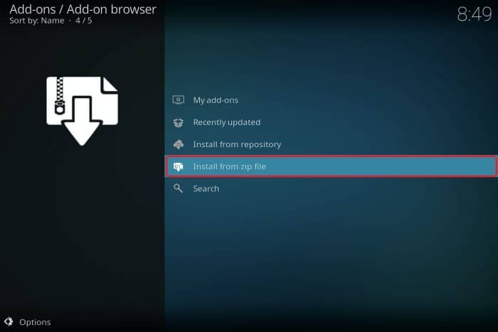 Install from zip file- addon for Kodi