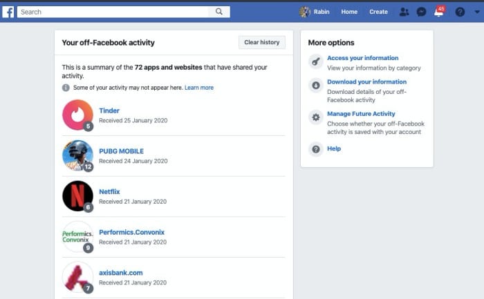 Facebook Off-Facebook activity tools