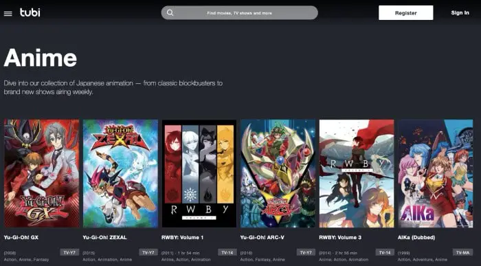 Tubi TV- among the best sites to watch free anime legally